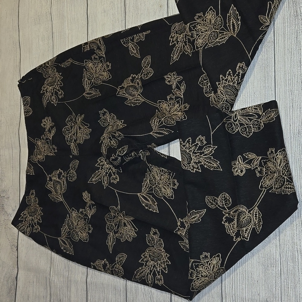 Tommy Bahama Women's Floral Embroidered Silk Pants Black and Tan Size 10